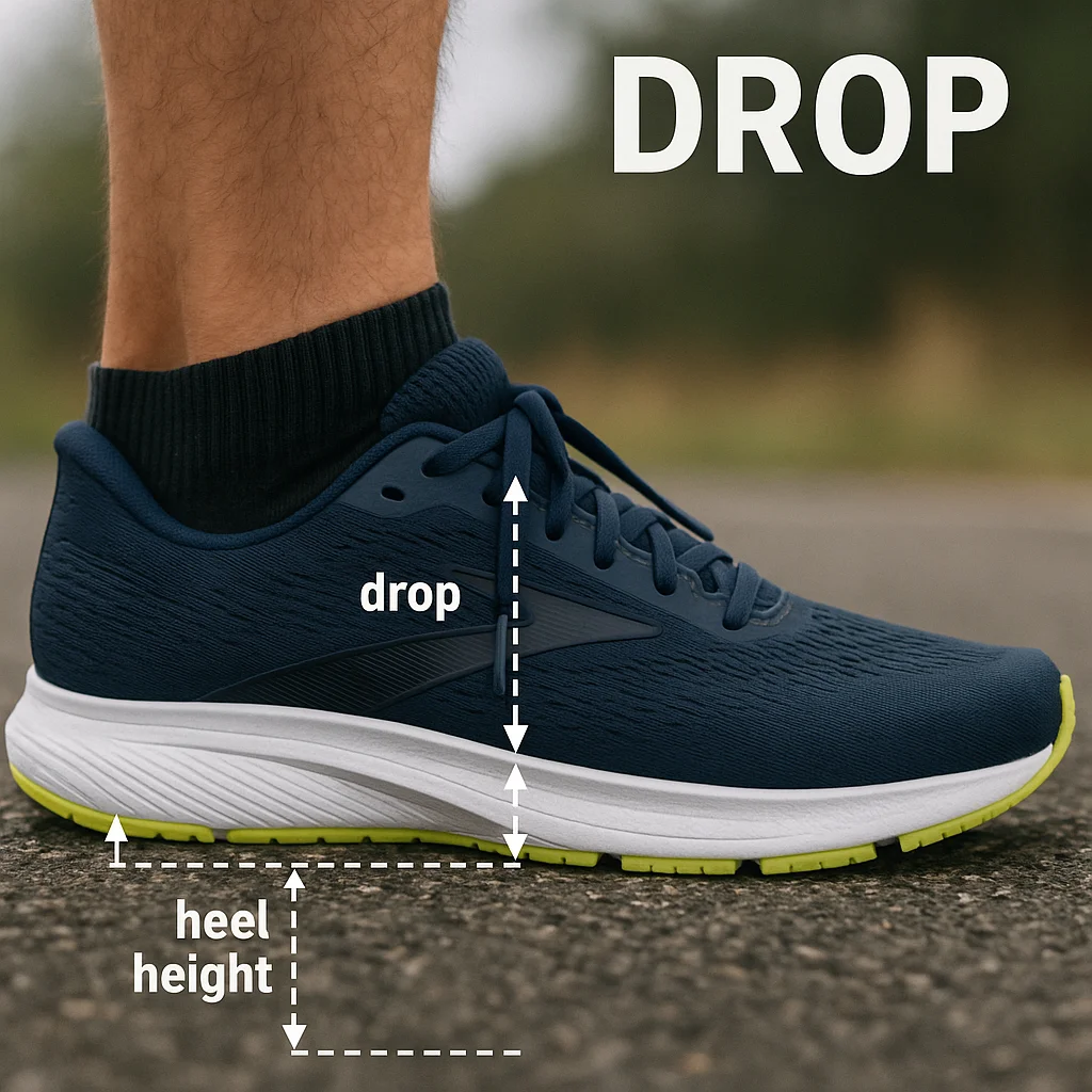 Diagrama explicativo que muestra la diferencia de altura entre el talón y el antepié en una zapatilla, ilustrando qué es el drop.