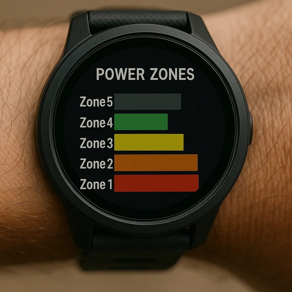 Zonas de potencia para el entrenamiento de trail running configuradas en un reloj deportivo.