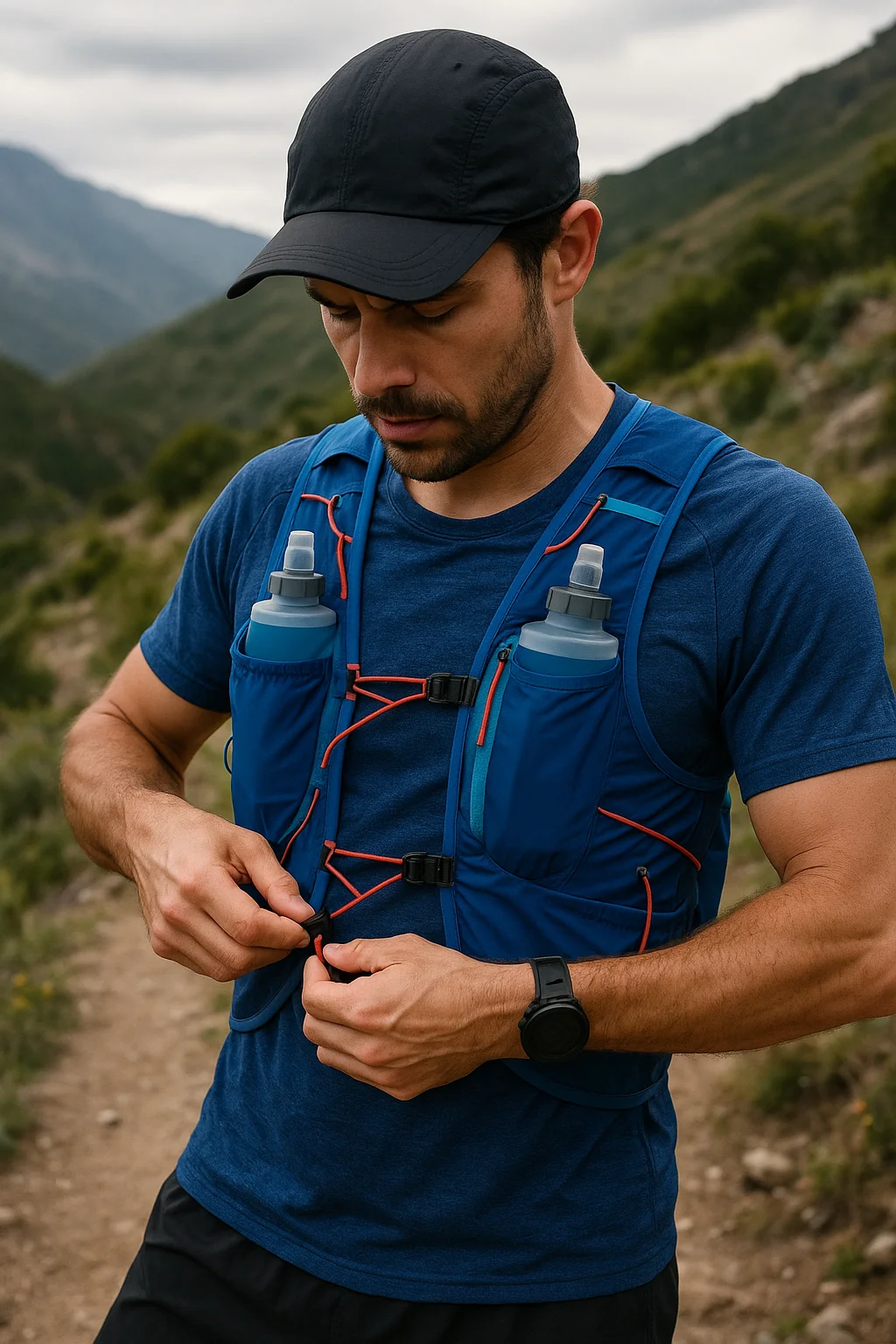 Corredor ajustándose su chaleco de hidratación en la montaña