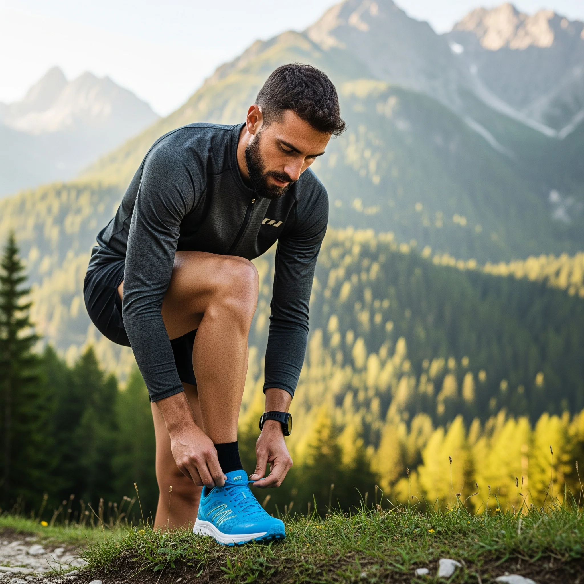 Corredor atándose las zapatillas de trail running antes de salir a la montaña