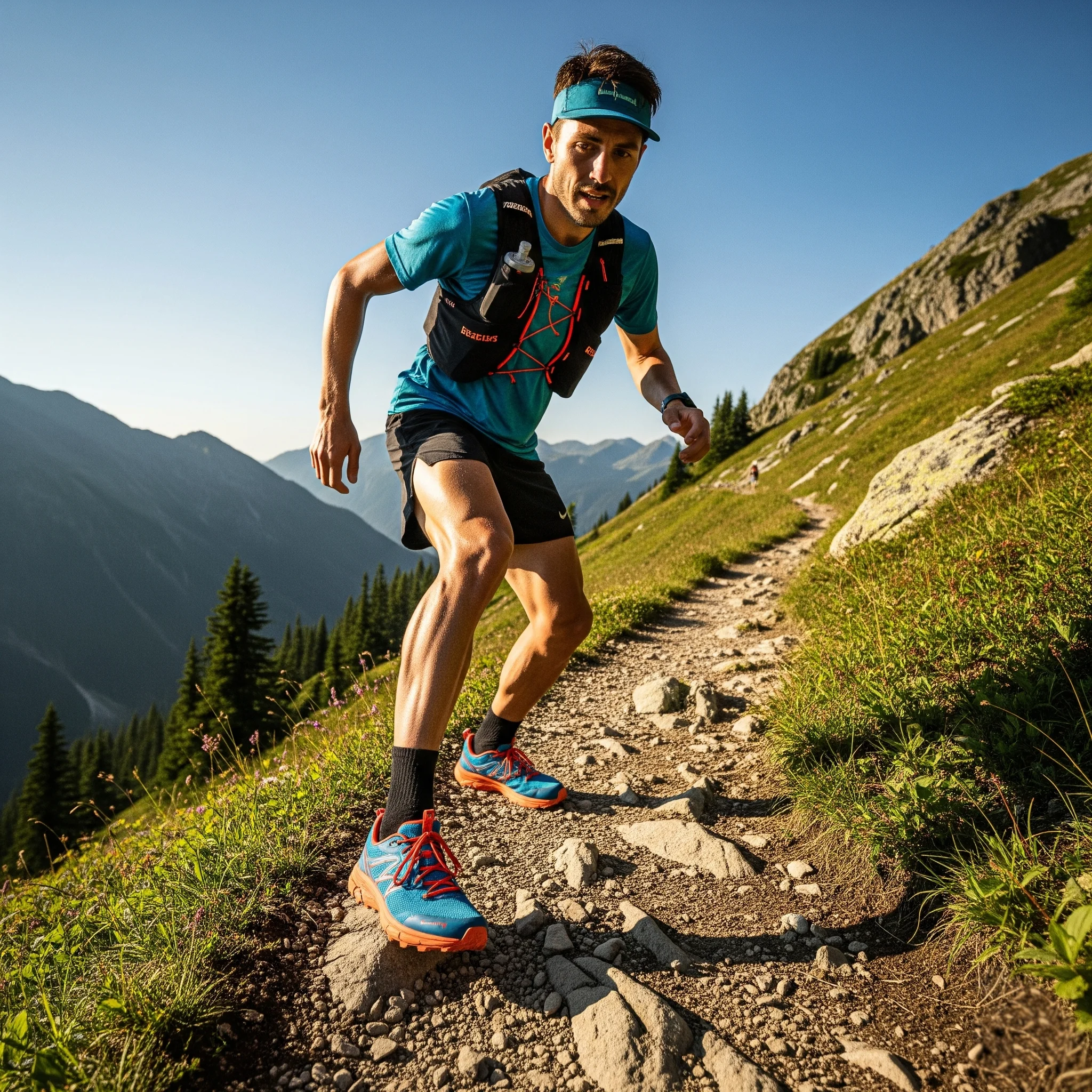 Corredor de trail mostrando sus zapatillas en un sendero montañoso