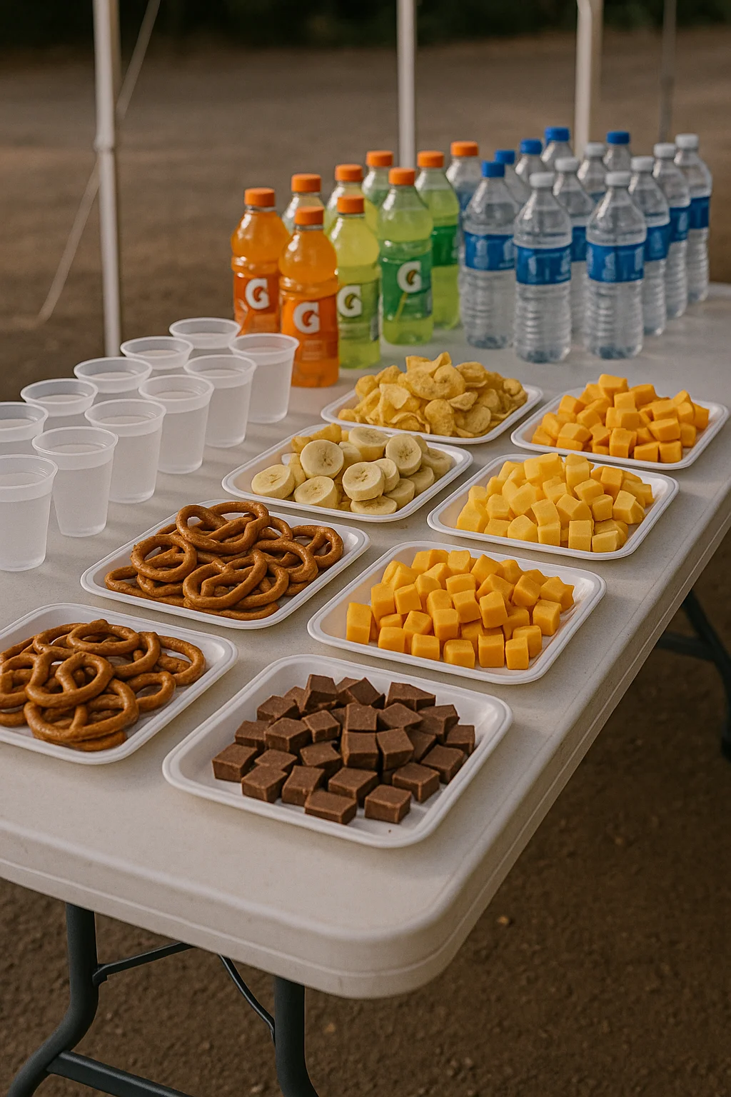 Mesa de un avituallamiento en una carrera de ultra trail, llena de comida y bebida.