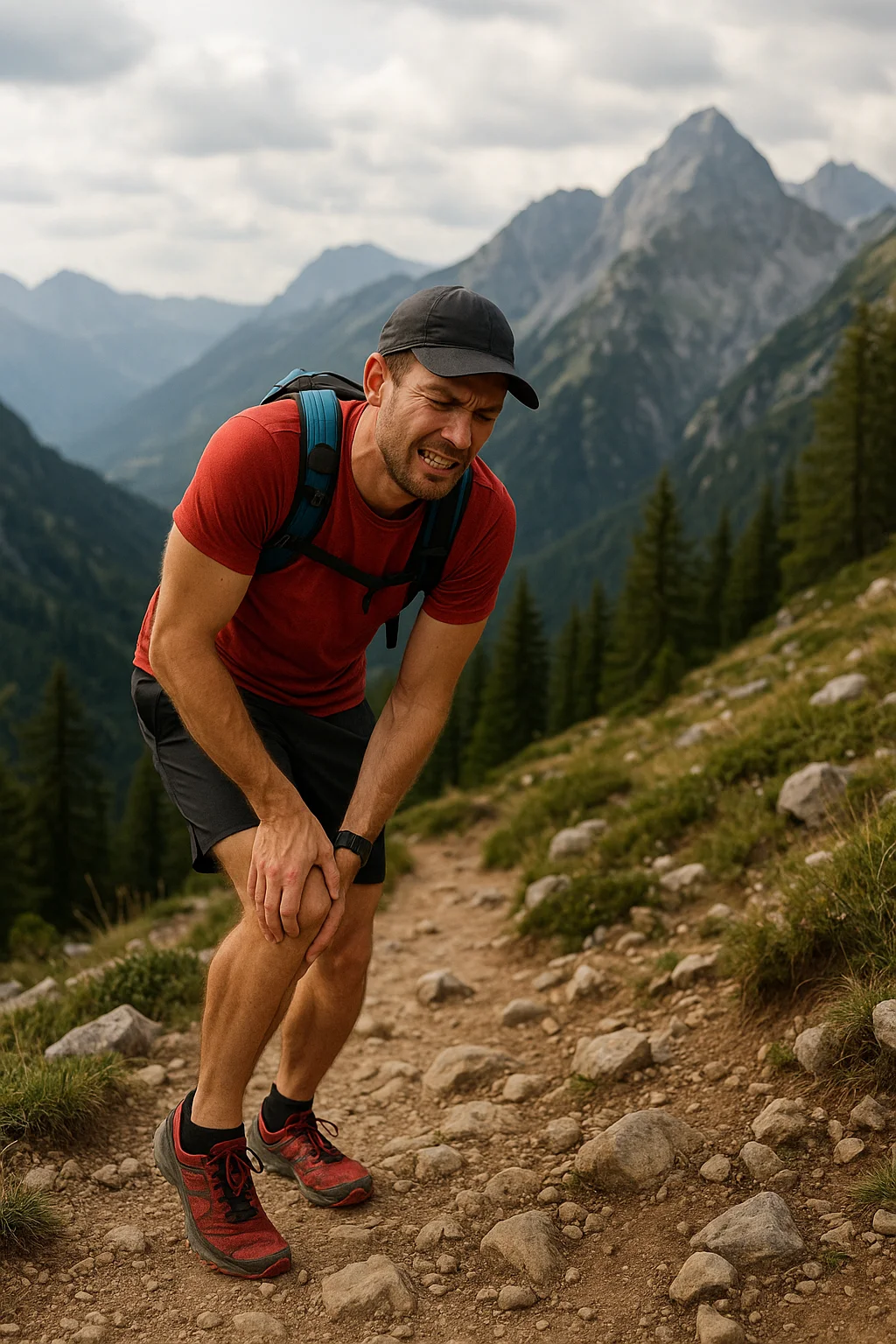Corredor de trail sentado en un sendero, revisándose el tobillo con gesto de dolor.