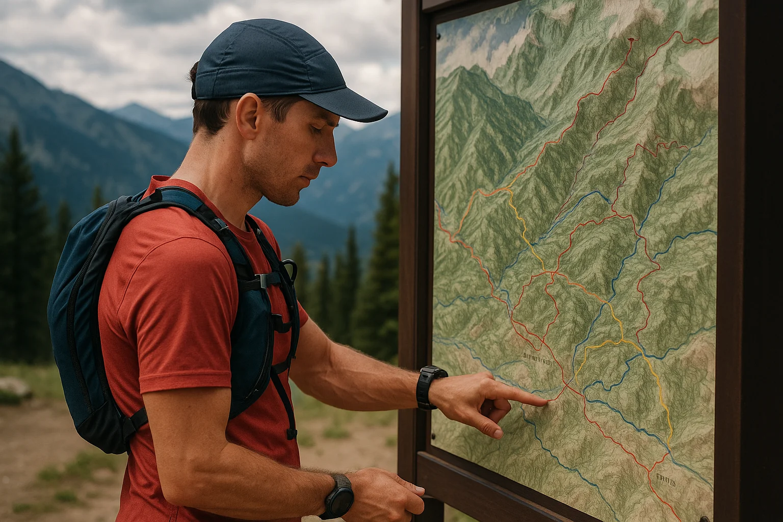 Corredor de trail mirando un mapa de rutas en la montaña, planificando su entrenamiento