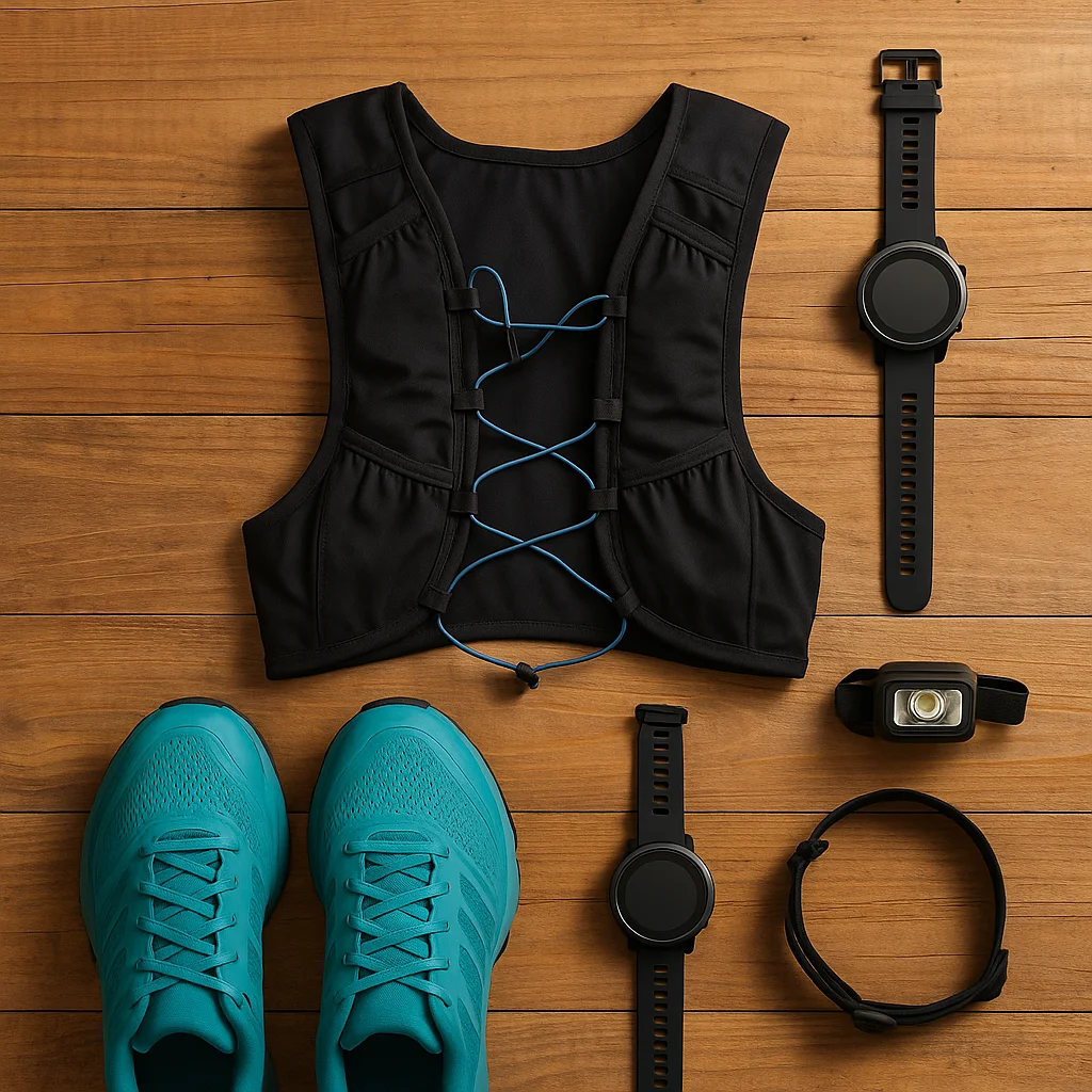 Una composición de material de trail running (zapatillas, mochila, reloj, frontal, bastones) organizado sobre un fondo de madera.