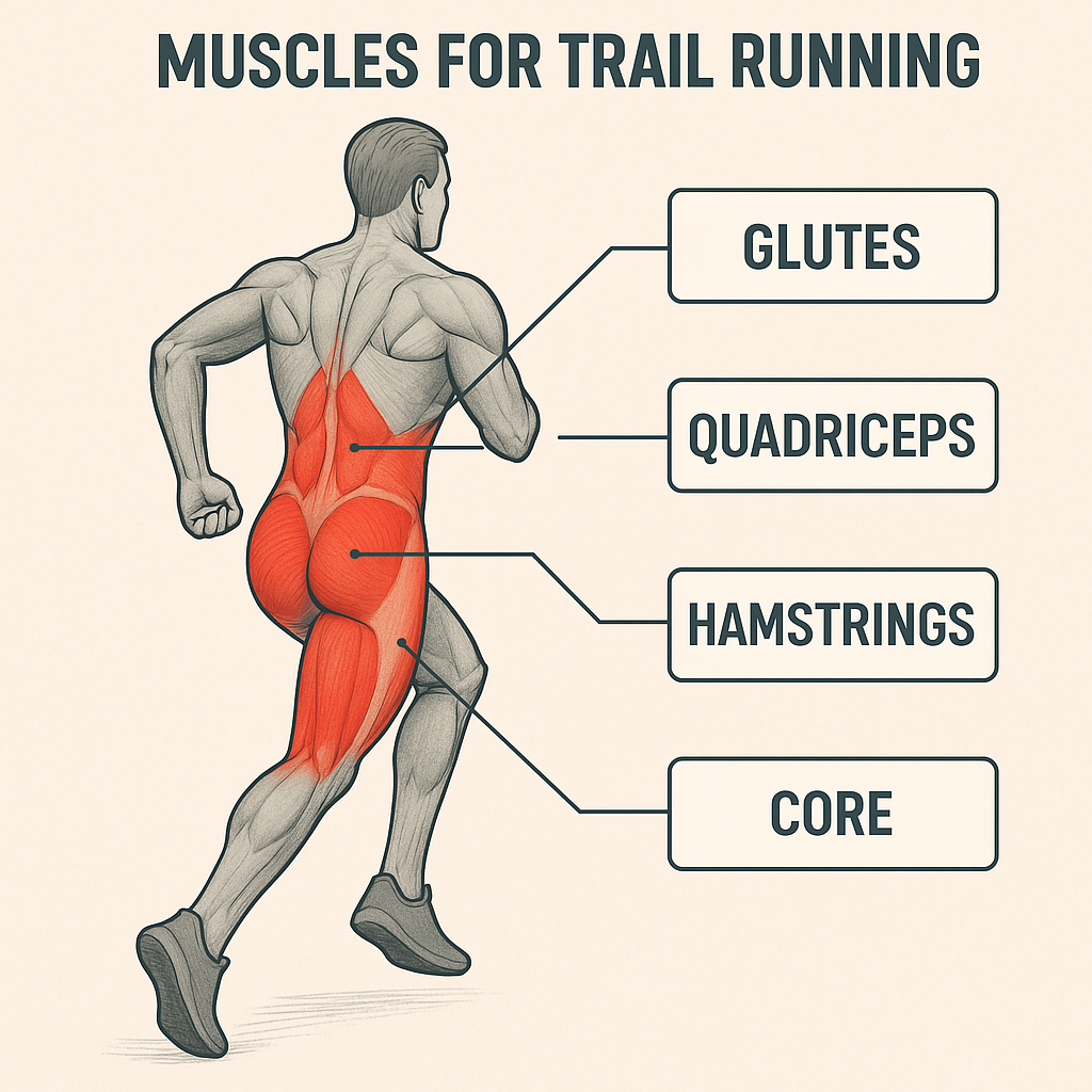 Diagrama de los músculos clave para el trail running: glúteos, cuádriceps, isquios y core