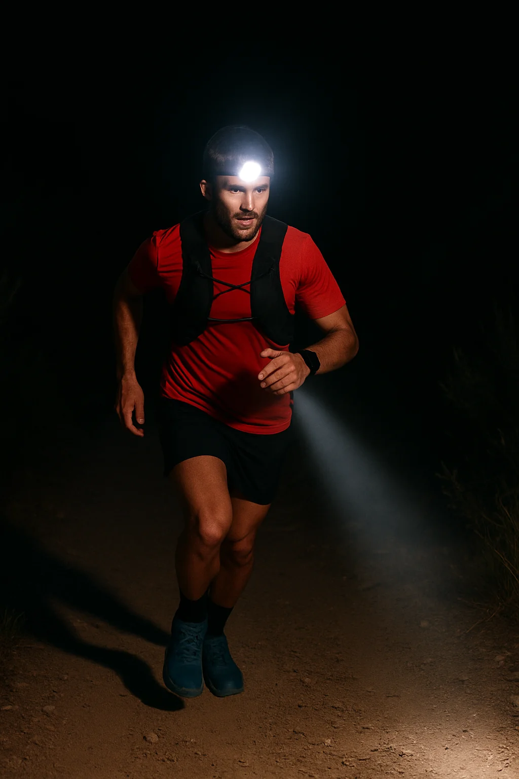 Primer plano de un corredor de trail corriendo de noche, con el haz de luz de su frontal iluminando el camino.