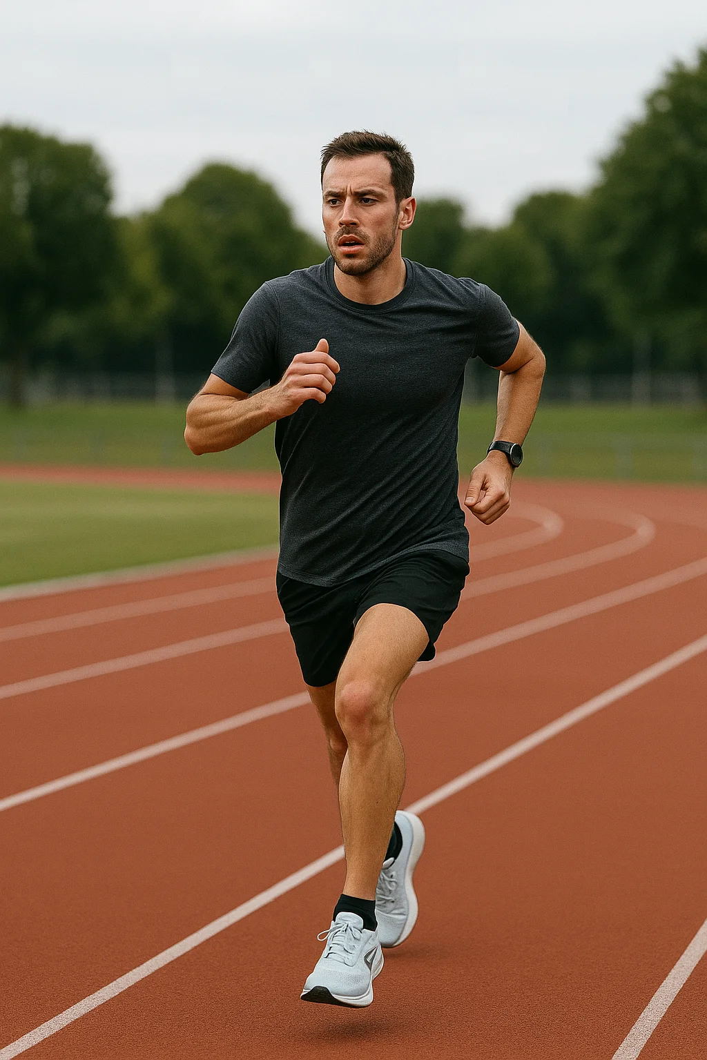 Corredor concentrado realizando un test FTP en una pista de atletismo.