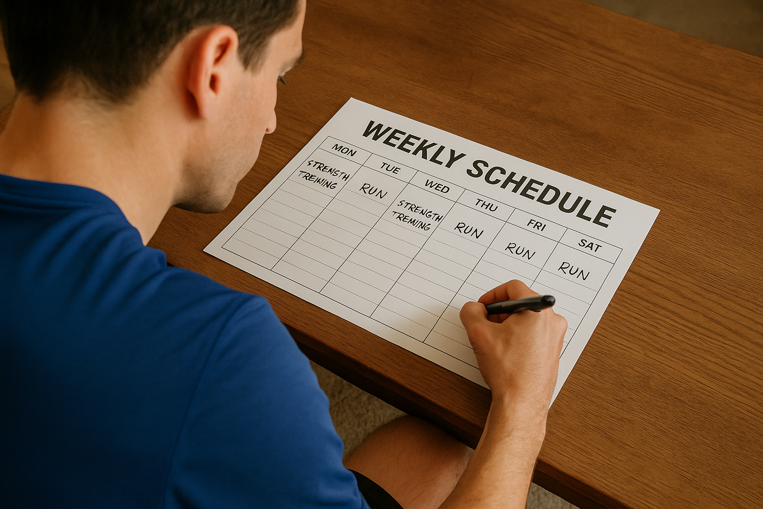 Corredor planificando su semana de entrenamiento de fuerza y carrera en un calendario