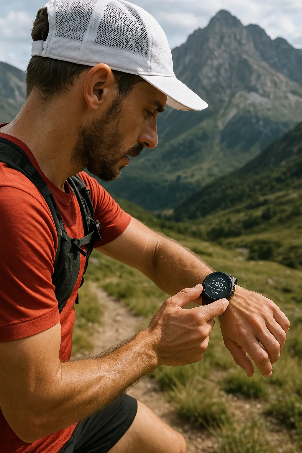 Reloj mostrando datos del entrenamiento por potencia en trail running en la muñeca de un corredor.