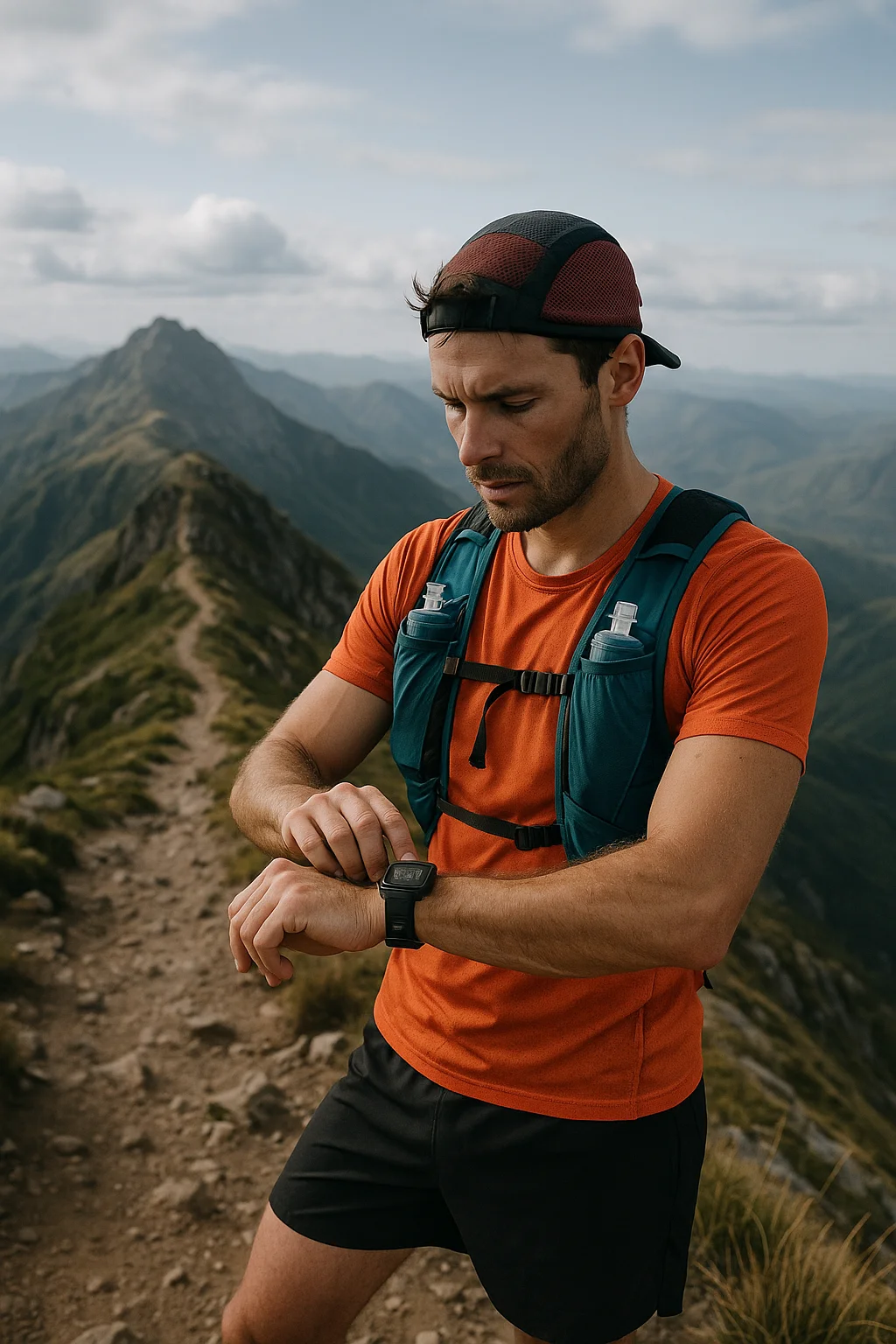Corredor de trail running consultando su reloj GPS en una cresta de montaña.