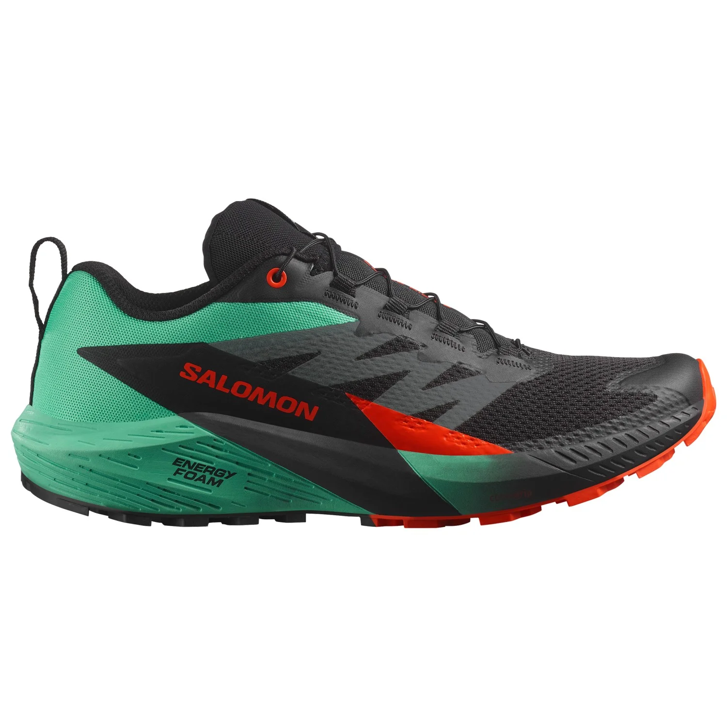 Un par de zapatillas Salomon Sense Ride 5 sobre una roca en un sendero