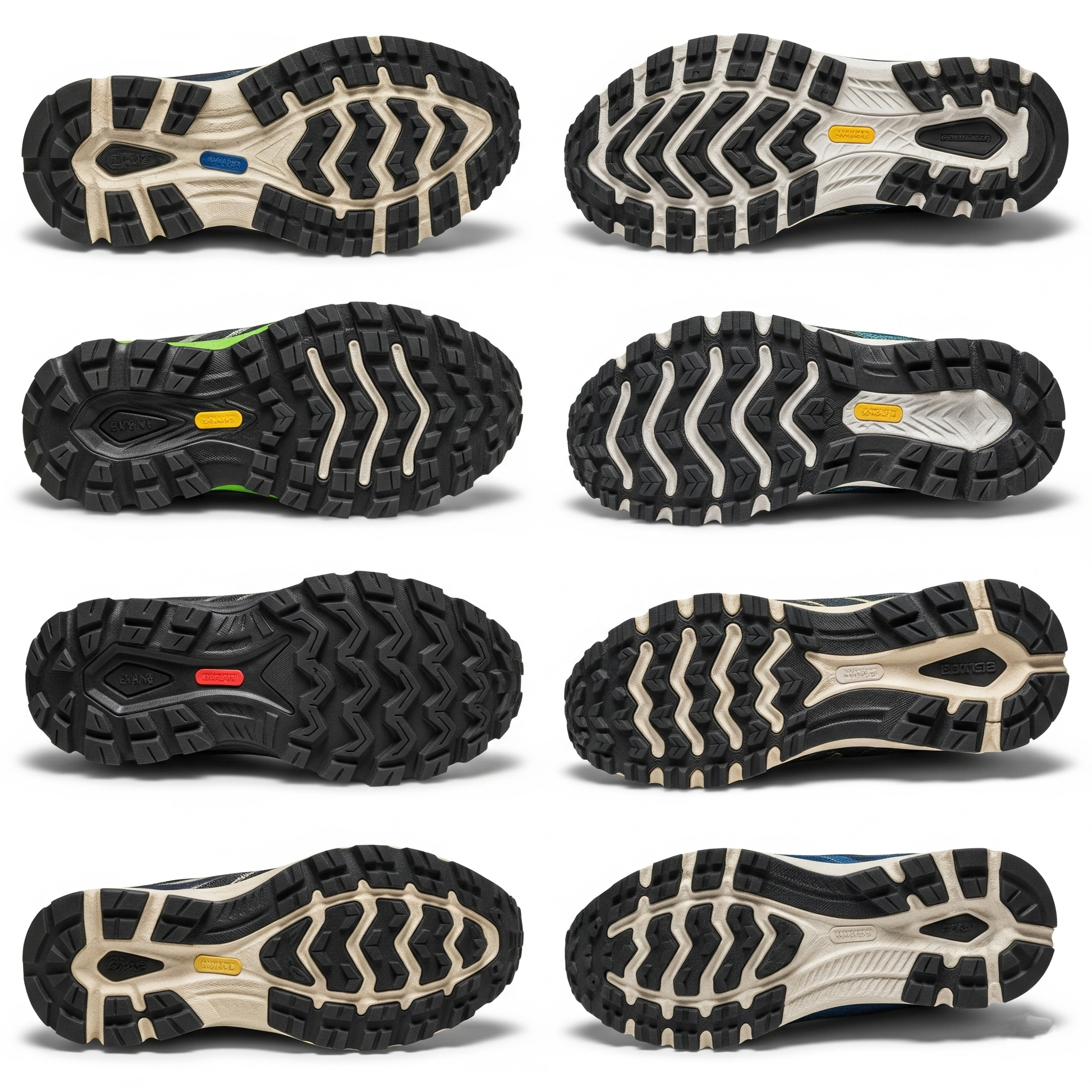 Comparativa de suelas de zapatillas de trail running con diferente taqueado