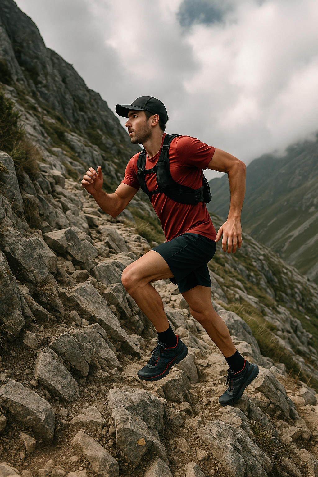 Corredor haciendo un entrenamiento de series en una subida técnica de montaña