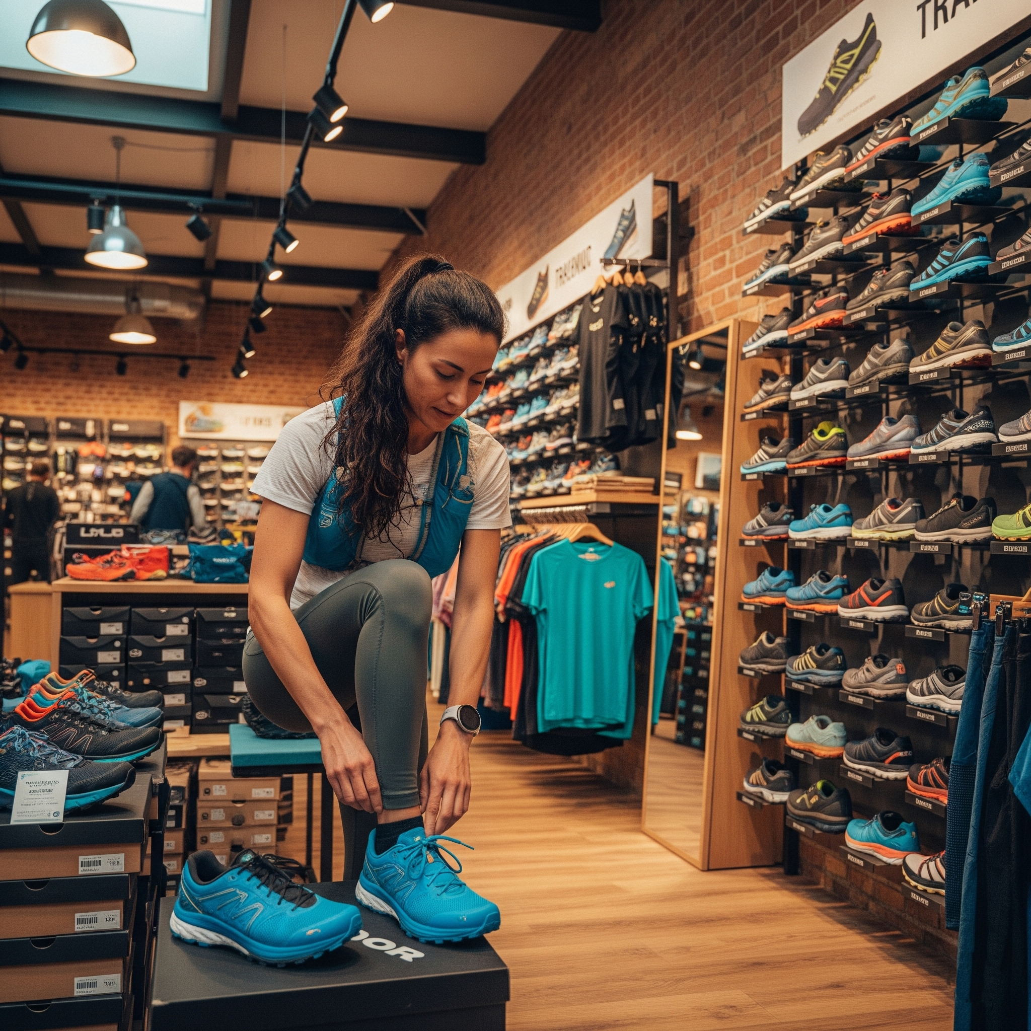 Persona probándose unas zapatillas de trail running en una tienda especializada