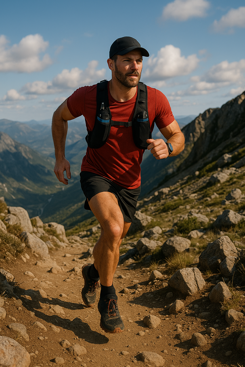 Corredor de trail en la cima de una montaña, mostrando fuerza y confianza