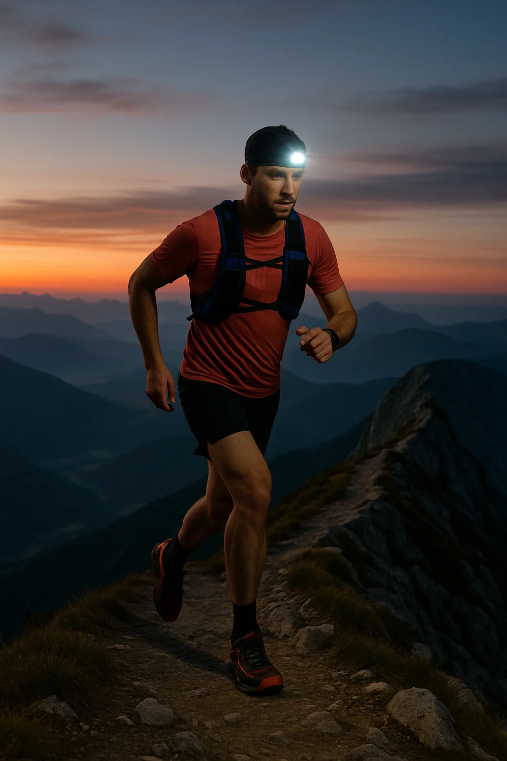 Corredor de ultra maratón con frontal encendido, corriendo por una cresta montañosa al amanecer.