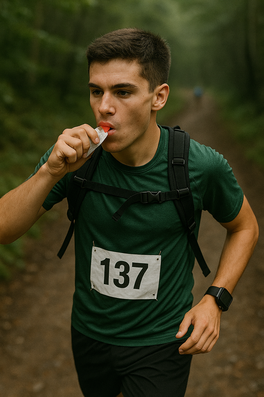 Corredora aplicando su plan de suplementación en carrera trail con un soft flask.