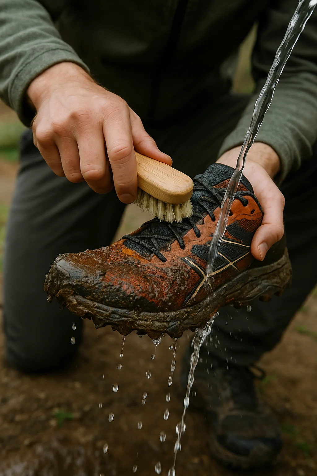 Persona aplicando un paso clave para cuidar su material de trail running: limpiar zapatillas de trail con barro.