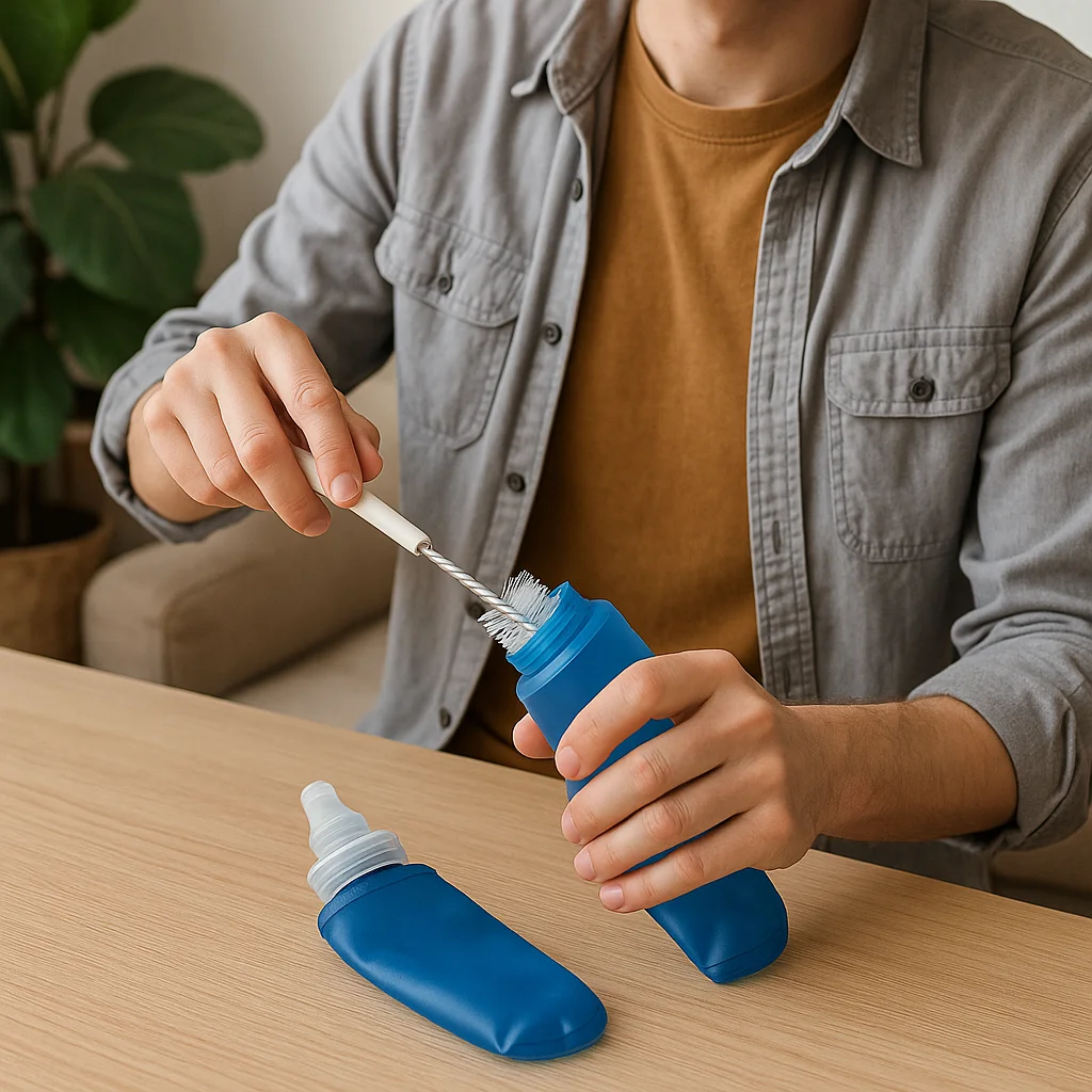 Limpieza de una bolsa de hidratación, parte esencial de cómo cuidar tu material de trail running para evitar bacterias.