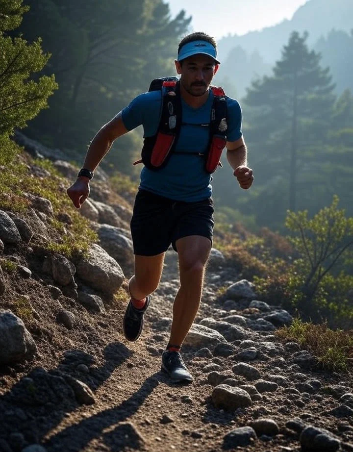 Corredor de trail en una subida técnica, esforzándose para mejorar su VO2max.