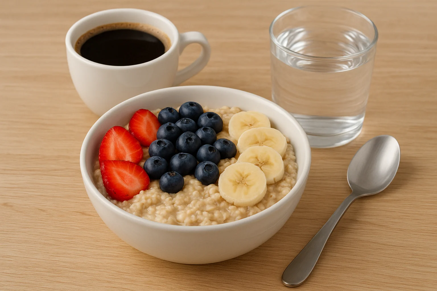Un desayuno saludable para un corredor de trail: avena con frutas, café y un vaso de agua sobre una mesa de madera.