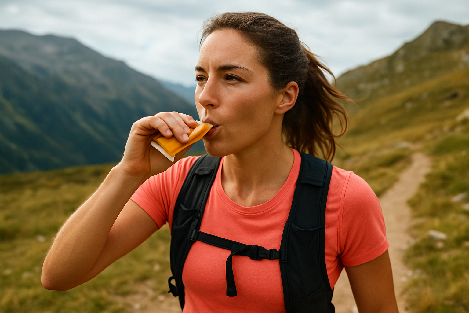 Un corredor de trail abriendo un gel energético en mitad de una subida por la montaña.