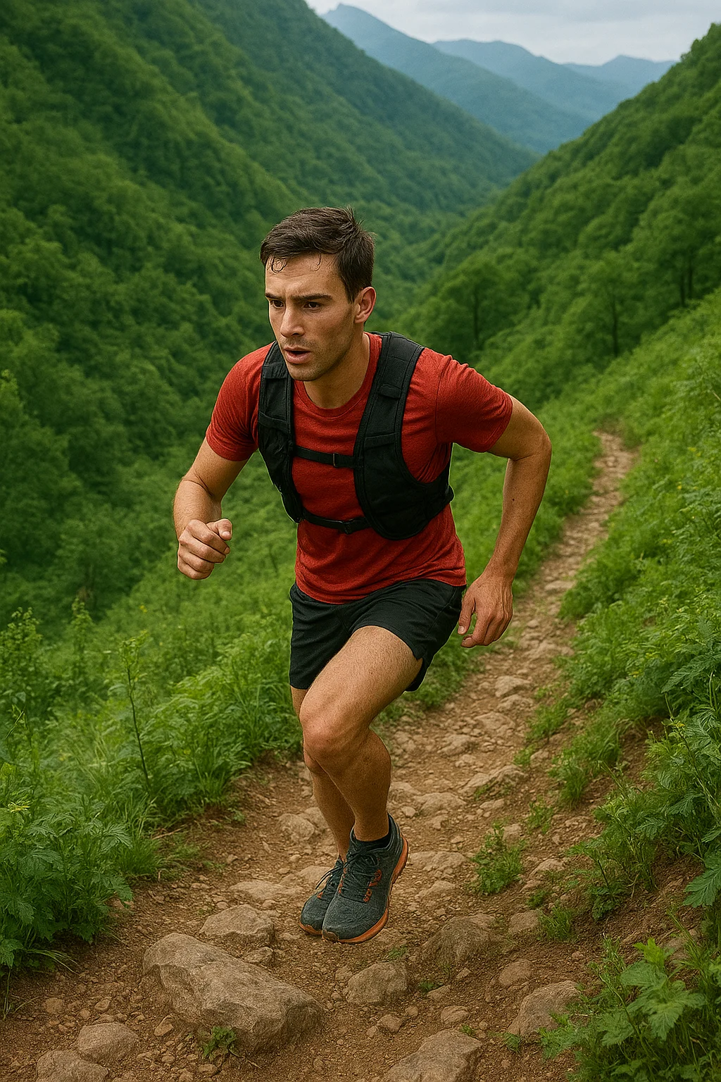 Corredor de trail realizando power hiking en una subida técnica y empinada durante una ultra maratón.