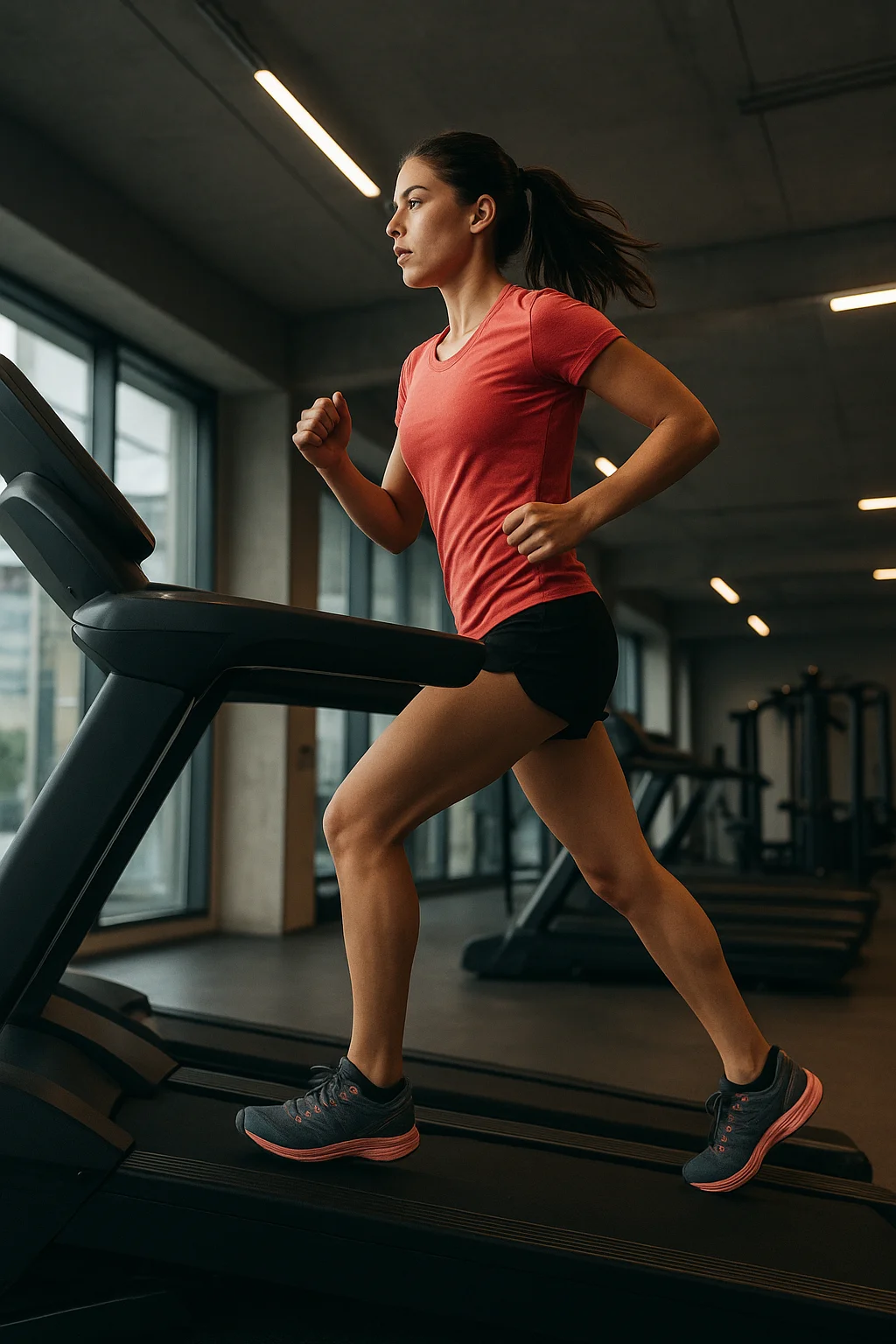 Corredor en una cinta de correr con máxima inclinación, un ejercicio perfecto para entrenar power hiking.