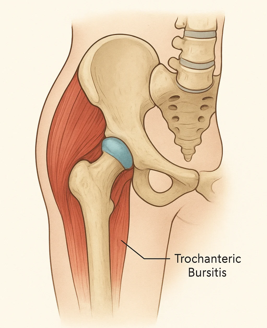 Ilustración de la anatomía de la cadera para entender la trocanteritis.