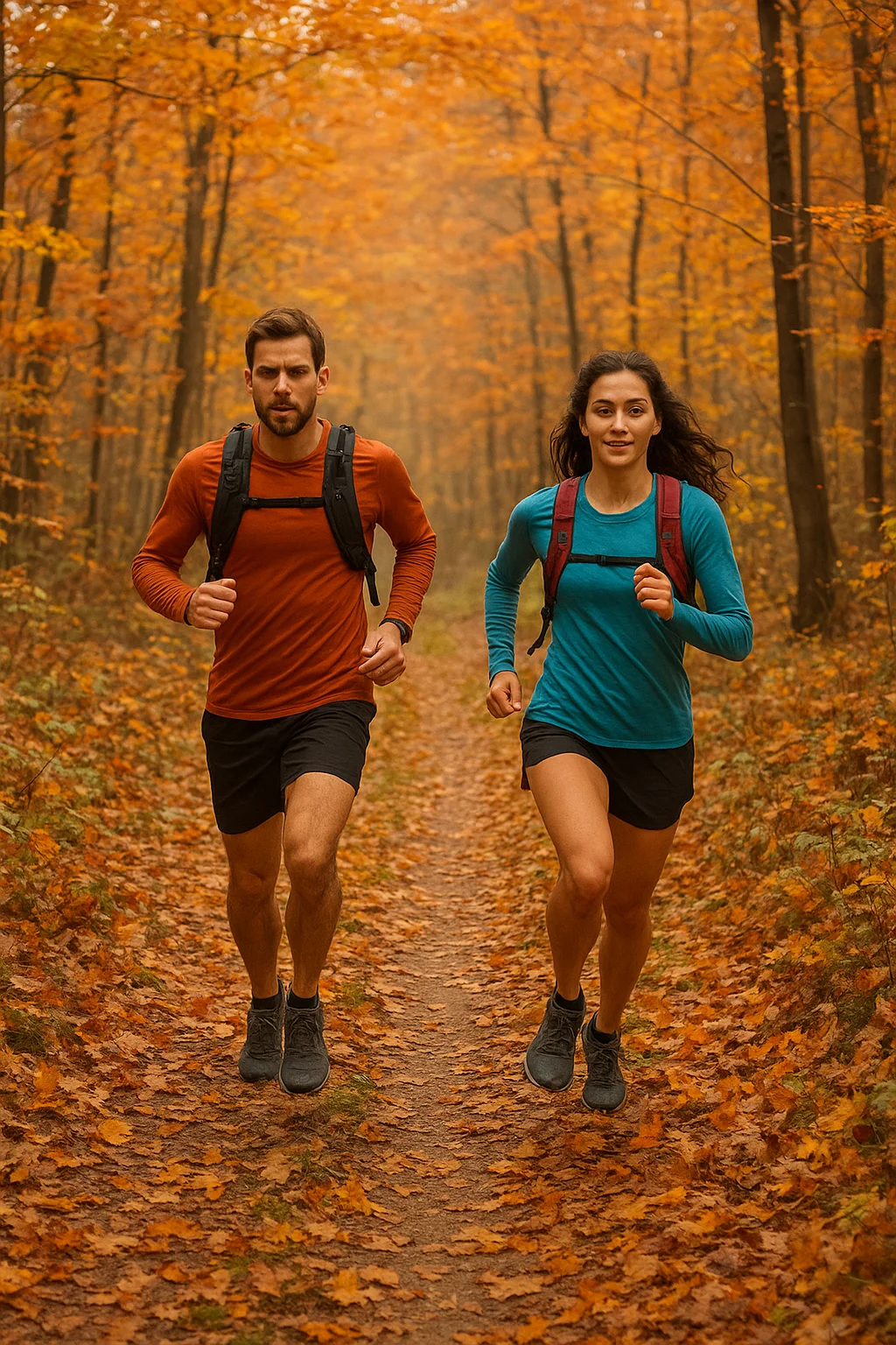 Corredor de trail corriendo por un sendero entre hojas de otoño en un bosque.