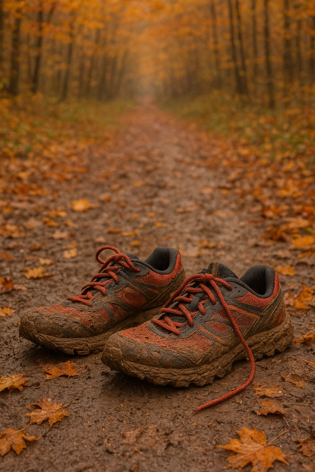 Primer plano de unas zapatillas de trail running cubiertas de barro en un sendero.