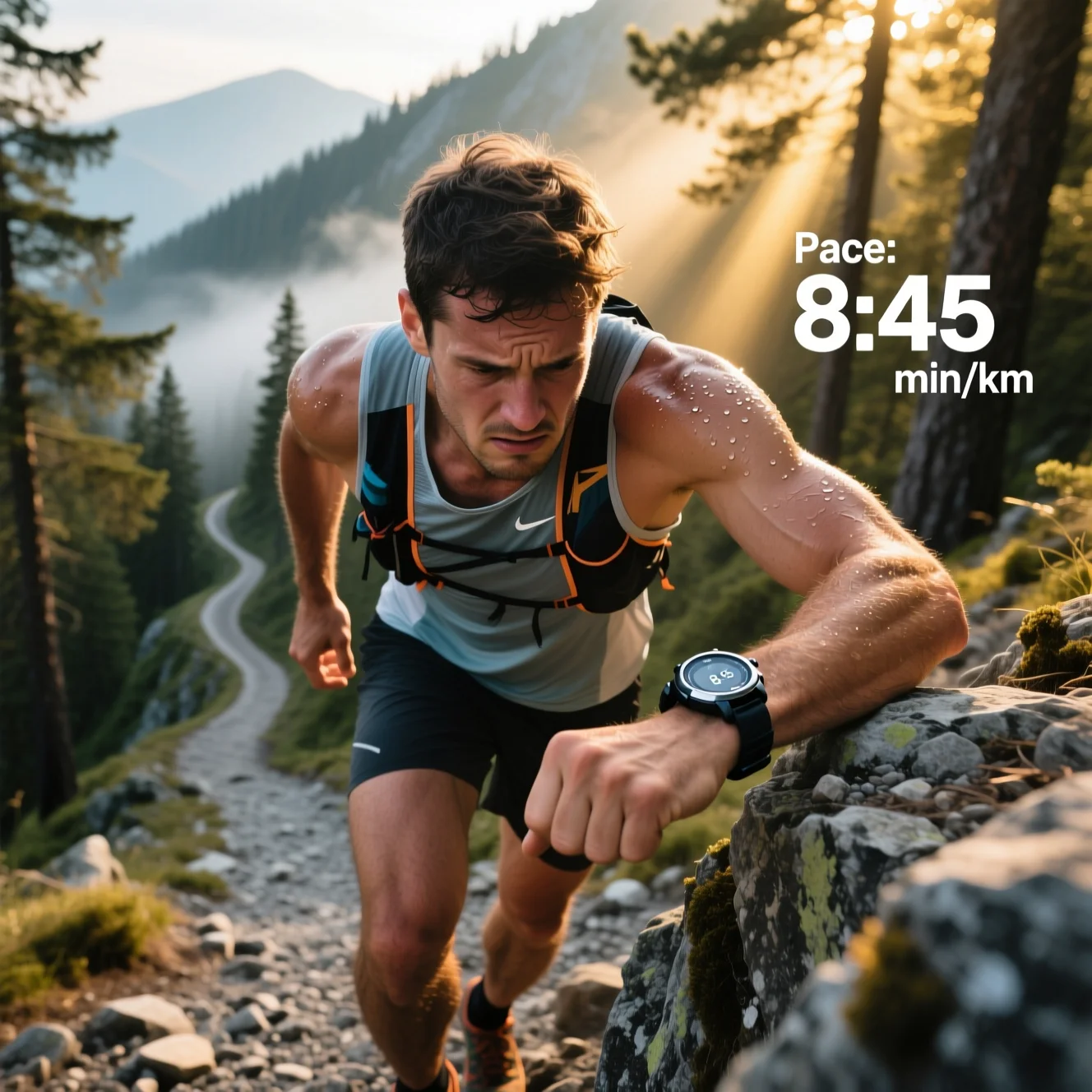 Un corredor de trail running mira su reloj GPS con frustración mientras sube una cuesta empinada, ilustrando la diferencia entre ritmo y esfuerzo.