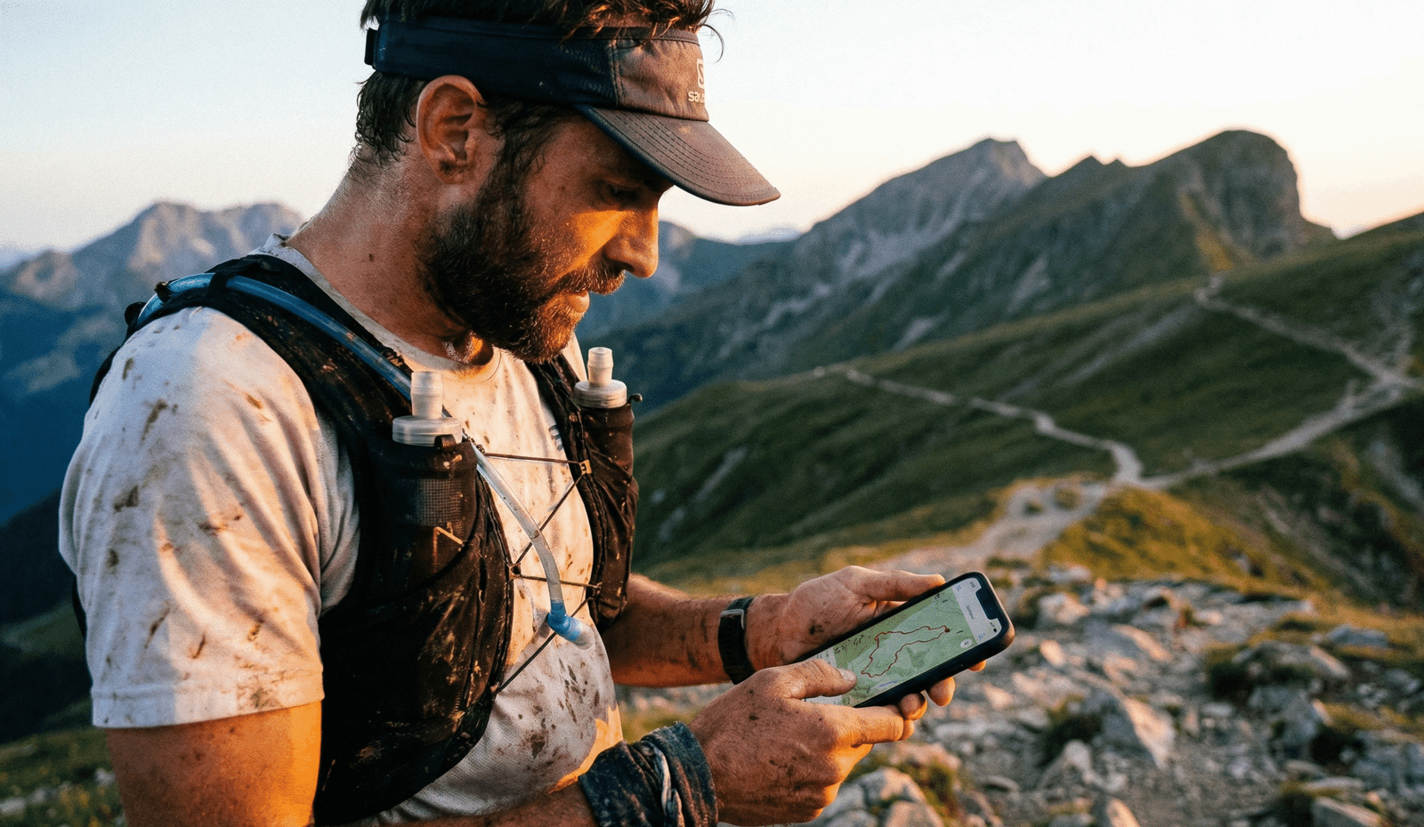 Corredor de montaña consultando una ruta en su teléfono móvil en medio de un sendero.