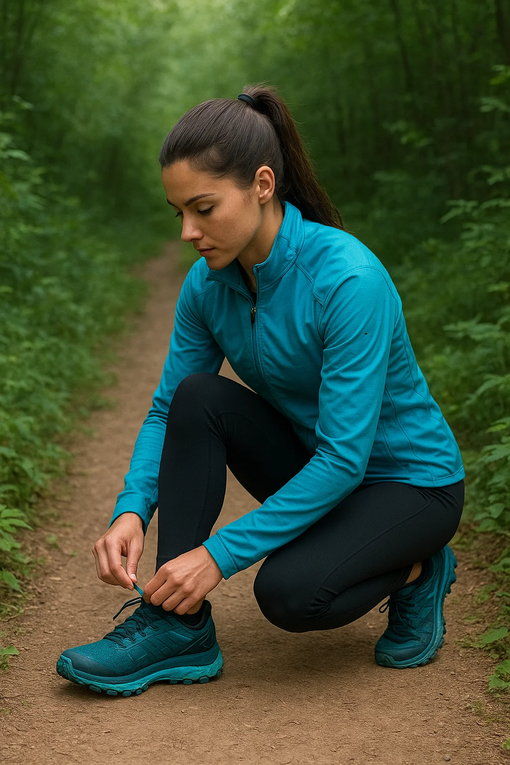 Corredor atándose unas zapatillas de trail running con mucha amortiguación en un sendero fácil.