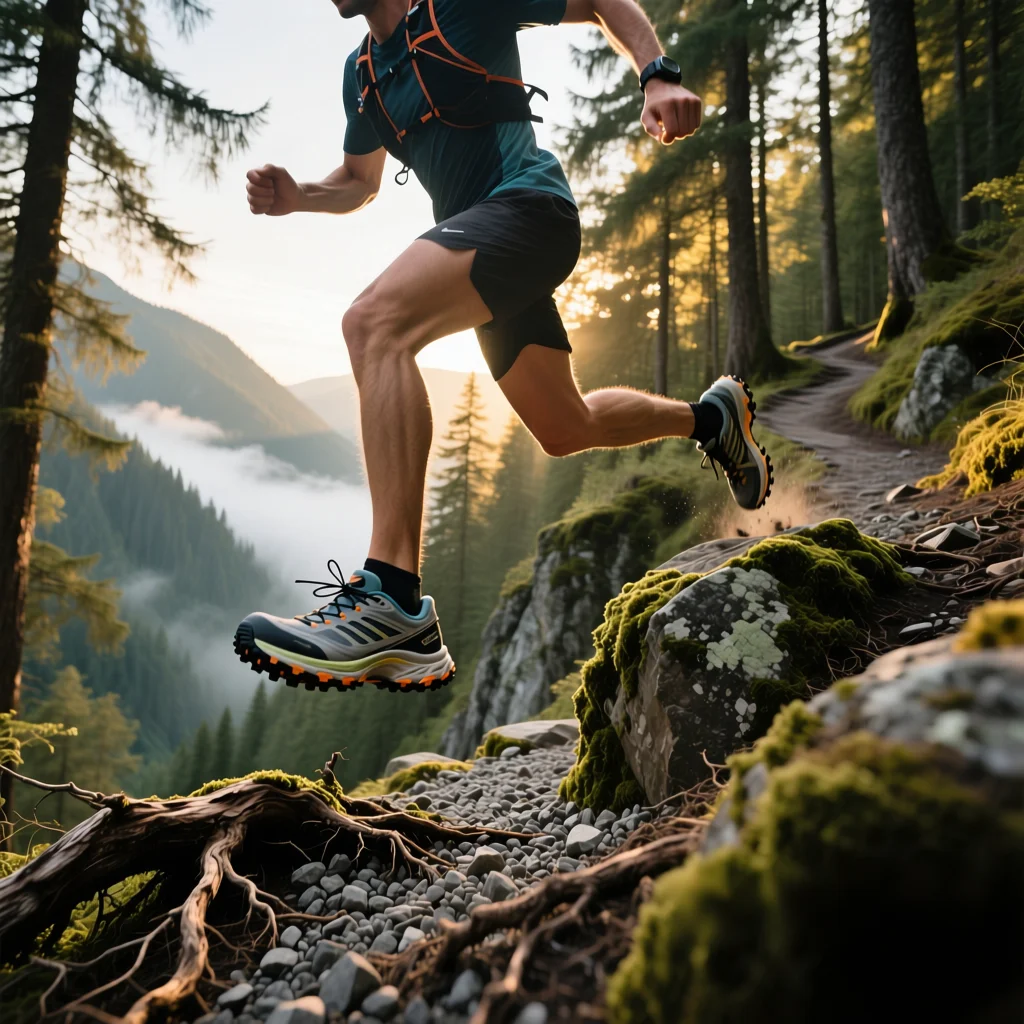 Corredor de trail running mostrando una técnica de descenso correcta, con el tronco ligeramente inclinado hacia adelante y una zancada corta y rápida.