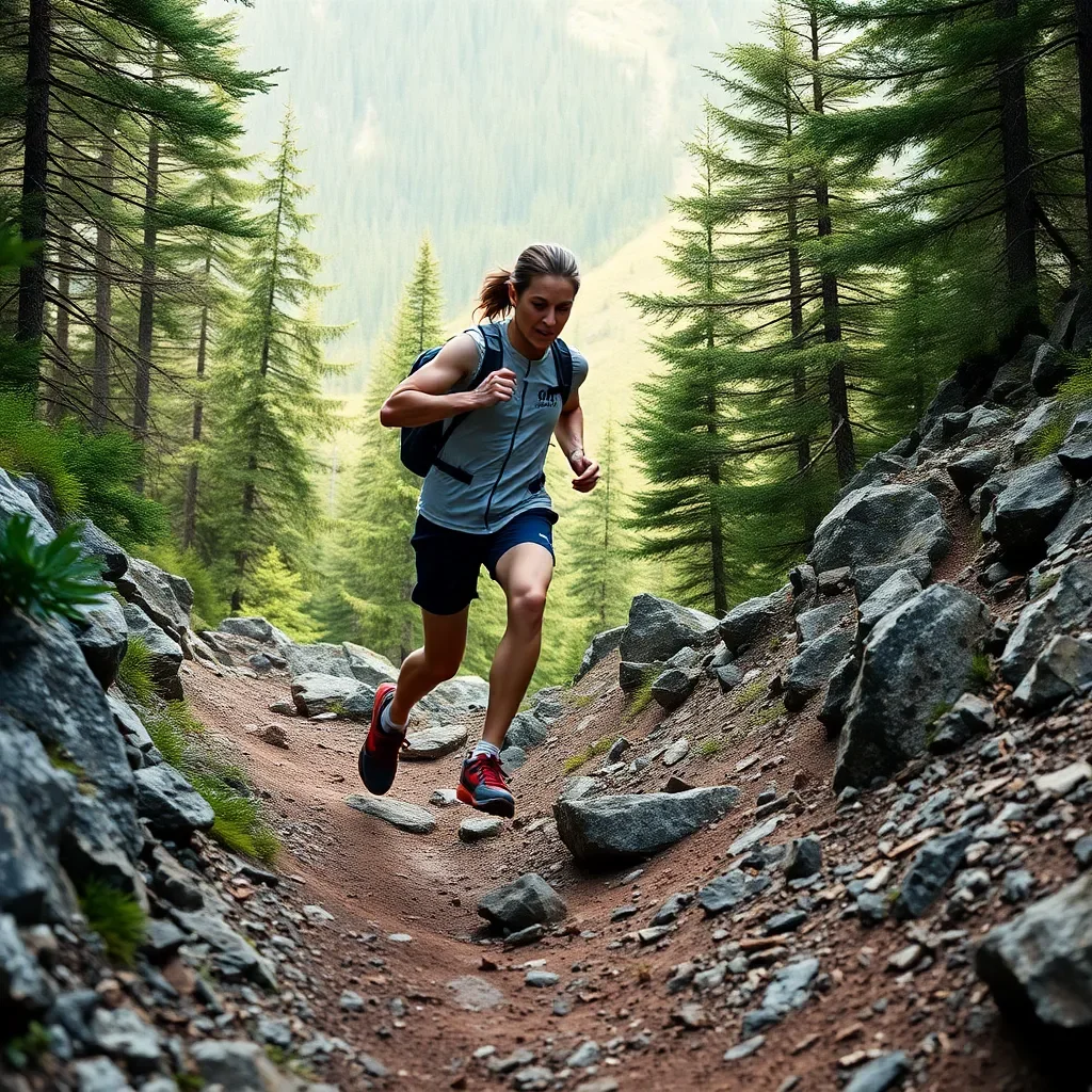 Corredora de trail running descendiendo con confianza por un sendero técnico de montaña.