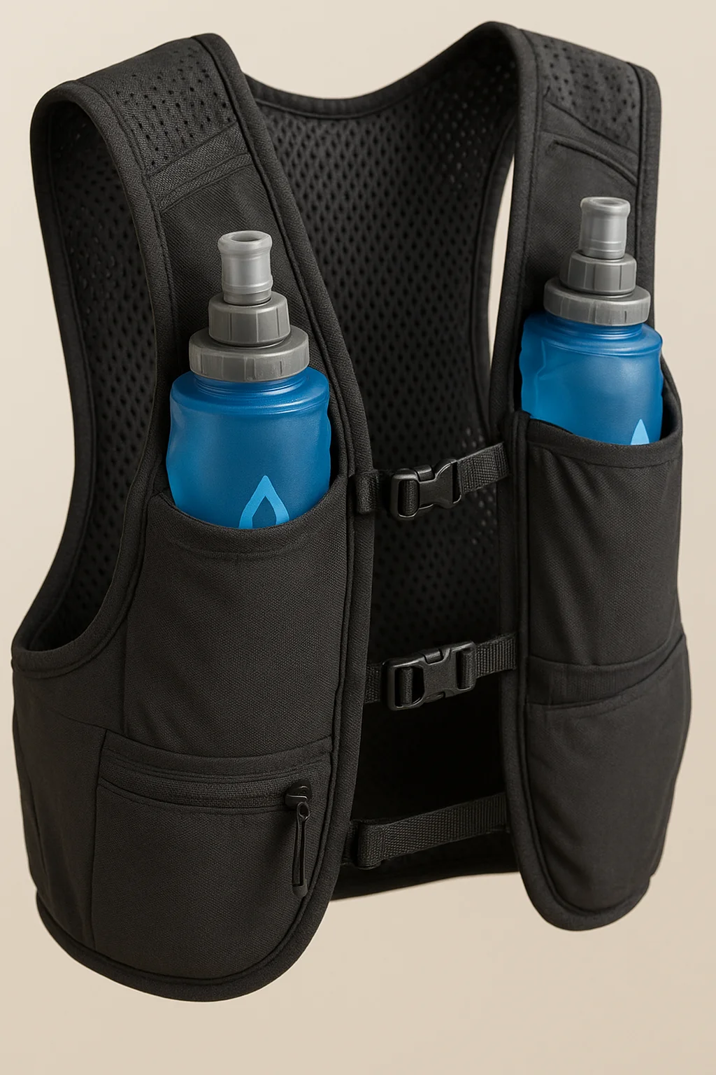 Detalle de un chaleco de hidratación de trail running con soft flasks y bolsillos accesibles.