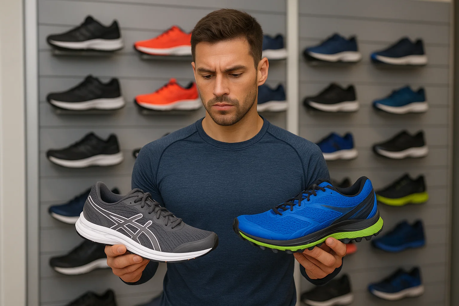 Corredor comparando zapatillas de asfalto con zapatillas de trail running en un sendero forestal.