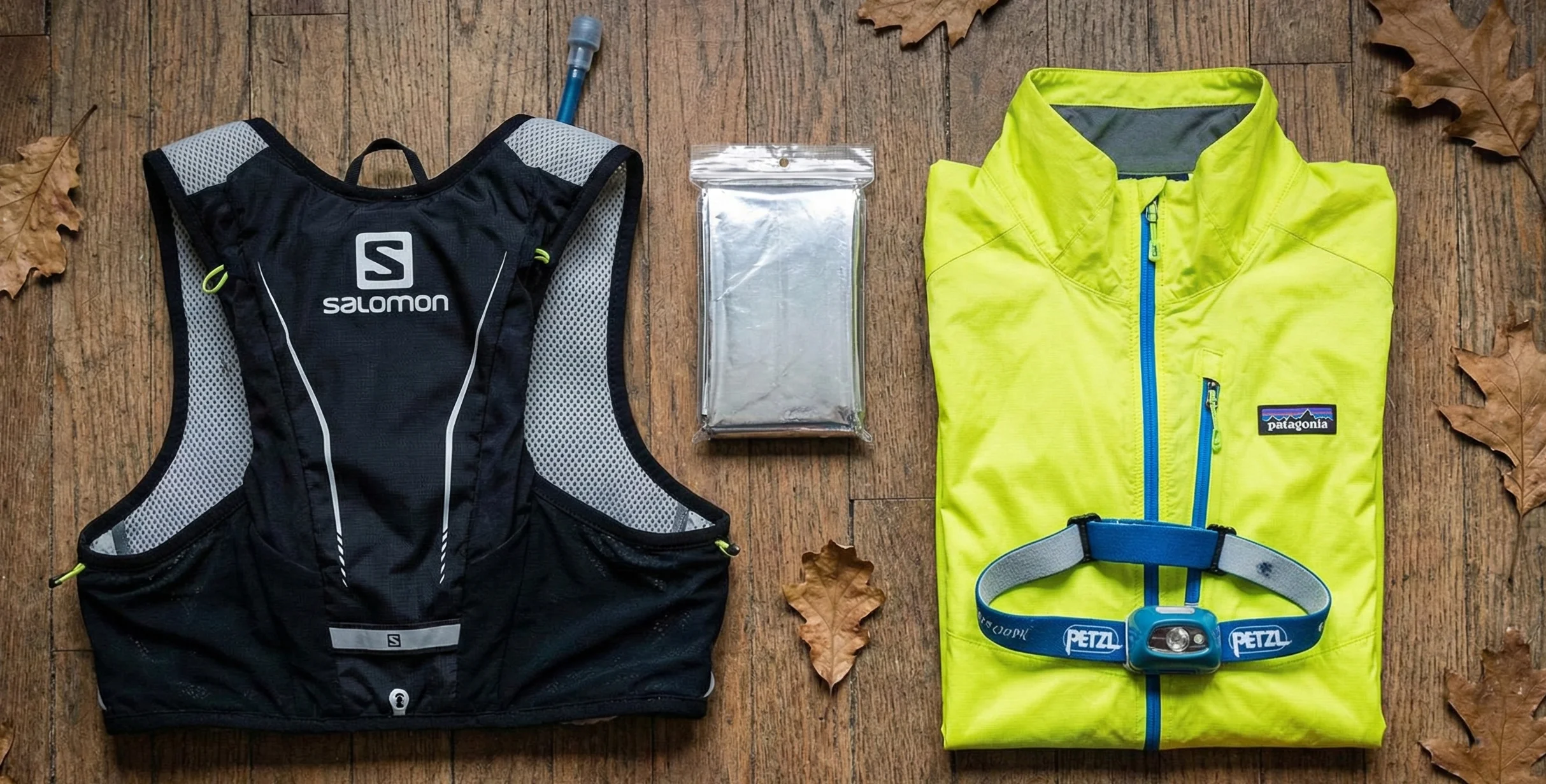 Flatlay con el material para trail running básico: mochila, manta térmica, cortavientos y frontal.