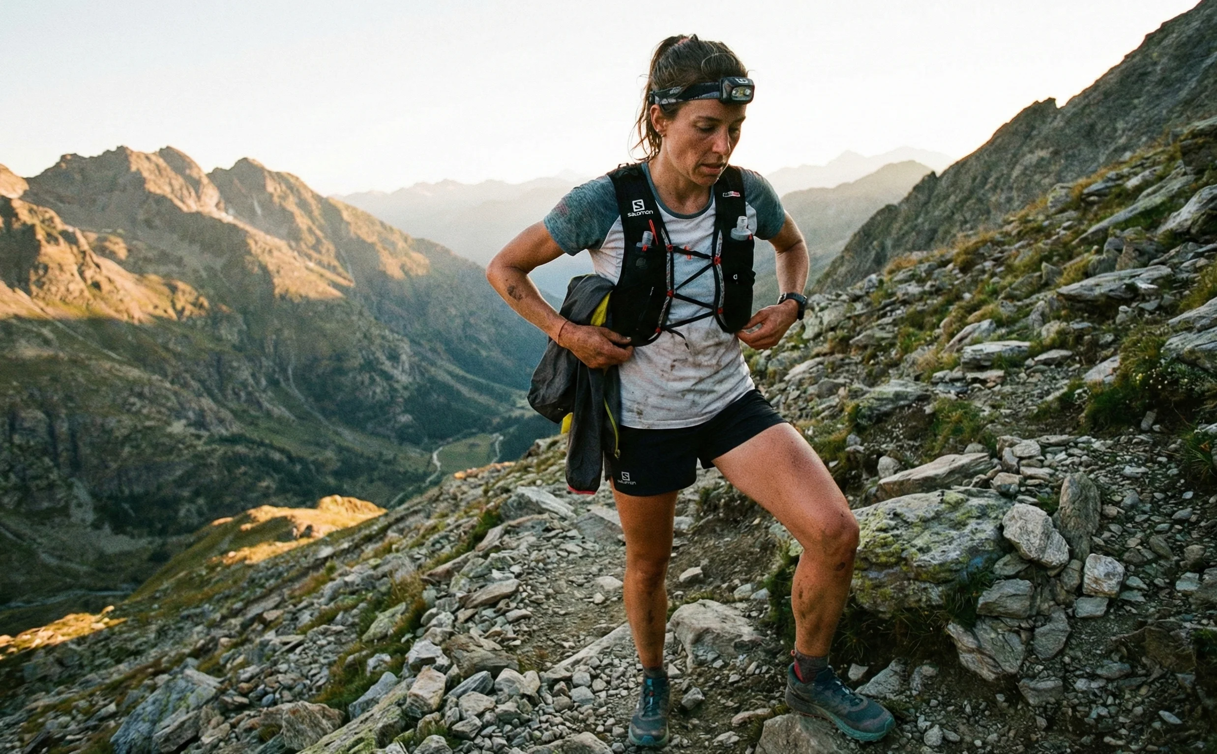 Corredor de montaña ajustándose la mochila con su material para trail running antes de una subida.