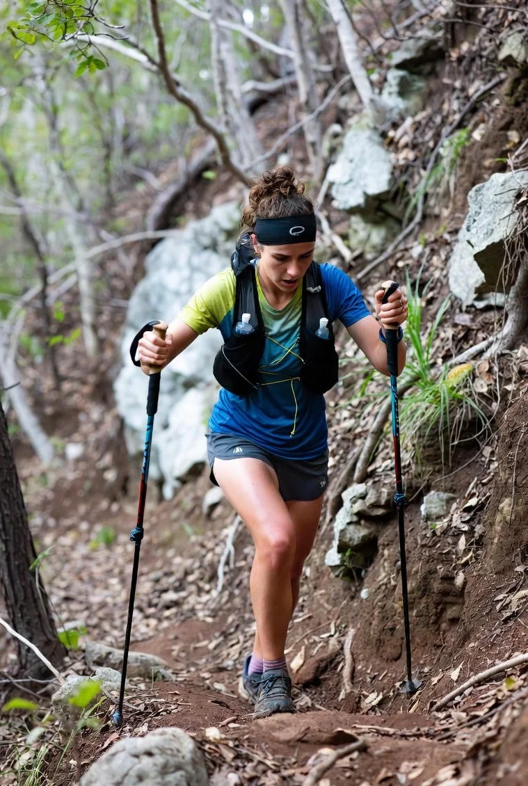 Una corredora de ultra trail usando bastones y practicando power hiking en una subida muy empinada, gestionando su esfuerzo.