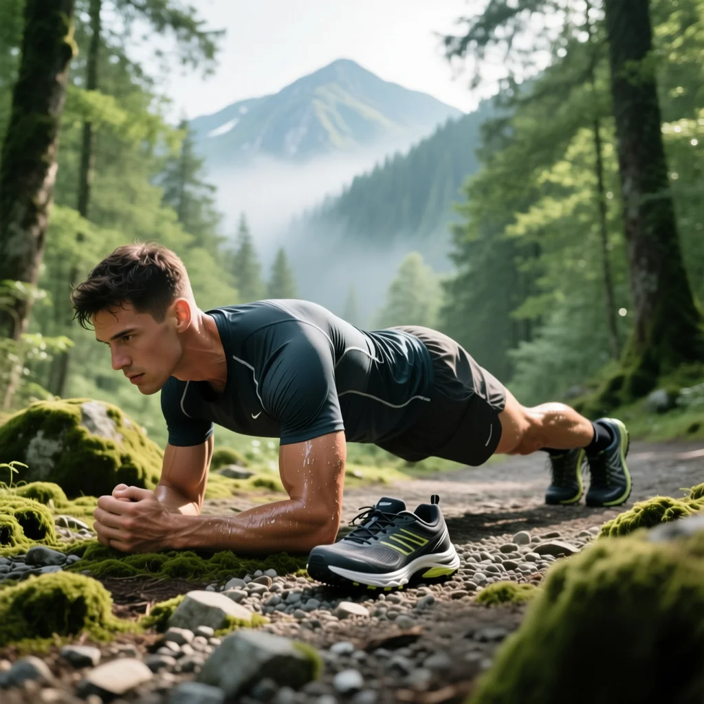 Corredor de trail running realizando un ejercicio de plancha para fortalecer el core en un entorno natural.