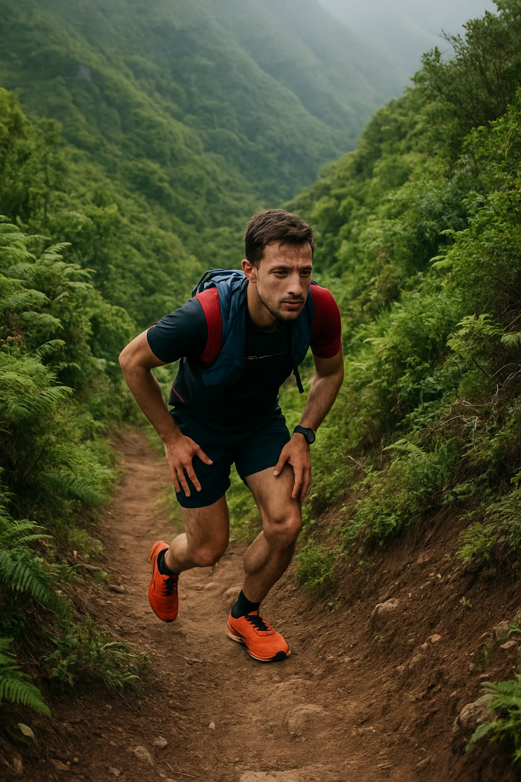 Corredor de trail running afrontando una subida muy empinada en un sendero de montaña.