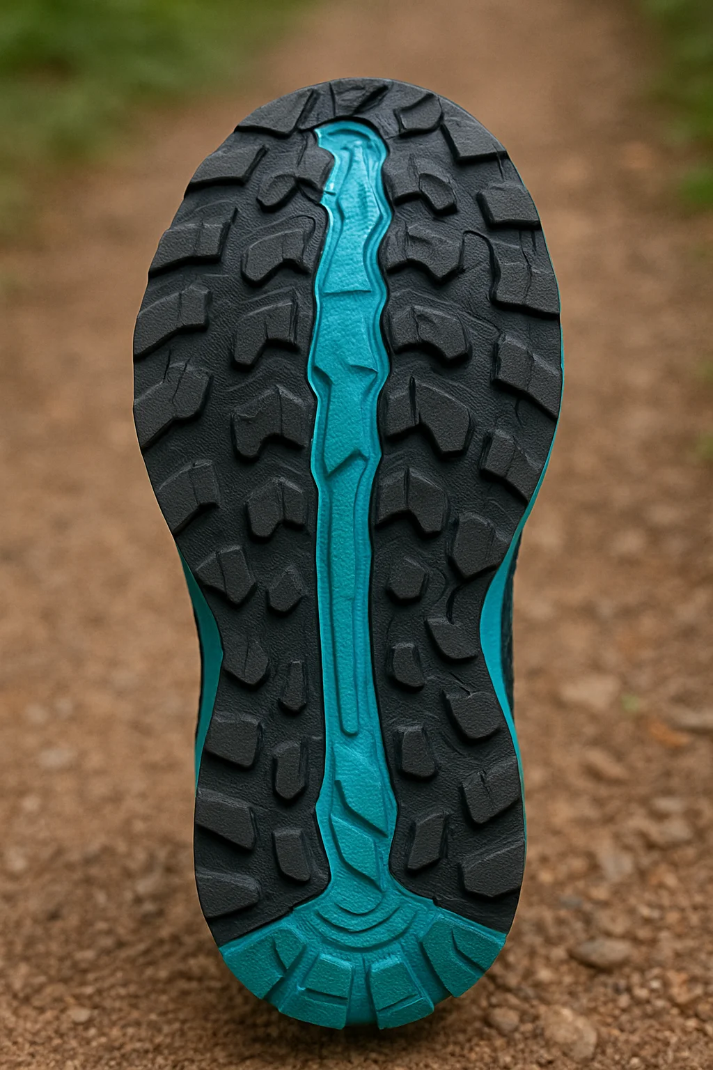 Detalle de la suela de una zapatilla de trail running mostrando tacos de tamaño medio ideales para terrenos mixtos.