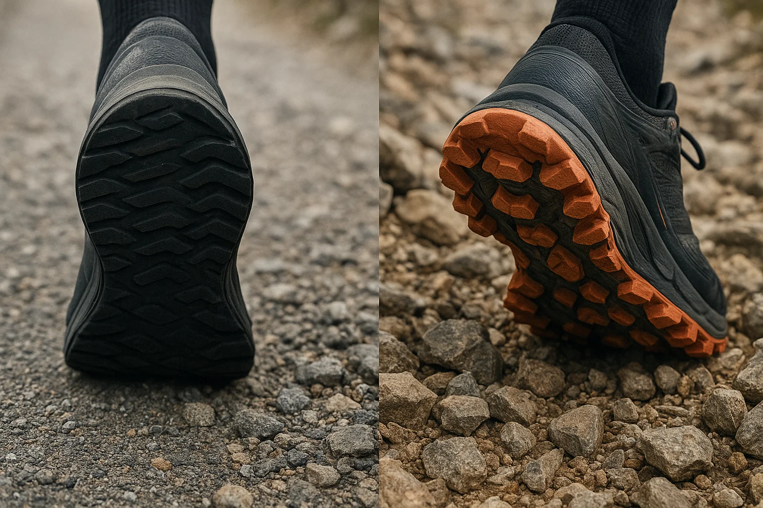 Corredor de montaña descendiendo por un sendero técnico con piedras sueltas, demostrando la necesidad de agarre y estabilidad.