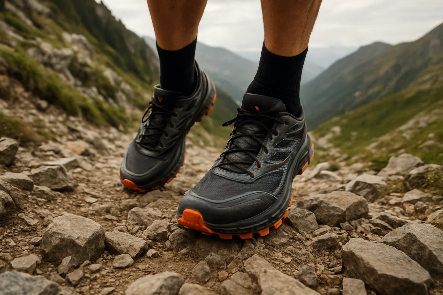 Comparación visual entre una suela lisa de asfalto y una suela con tacos agresivos de trail running sobre un terreno pedregoso.