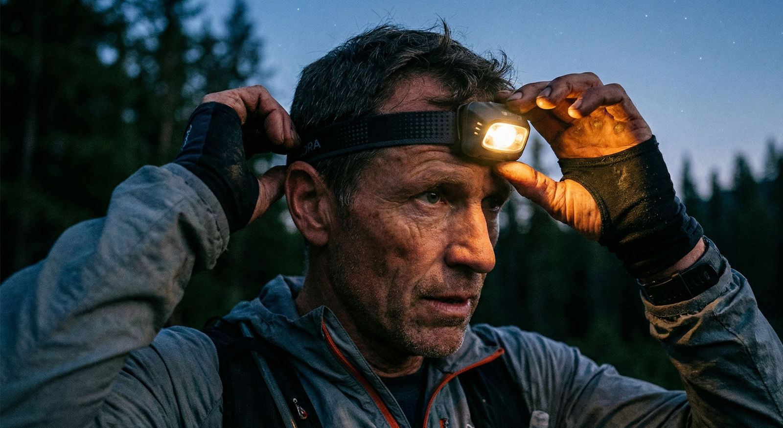 Primer plano de un corredor ajustando su frontal antes de una salida nocturna.