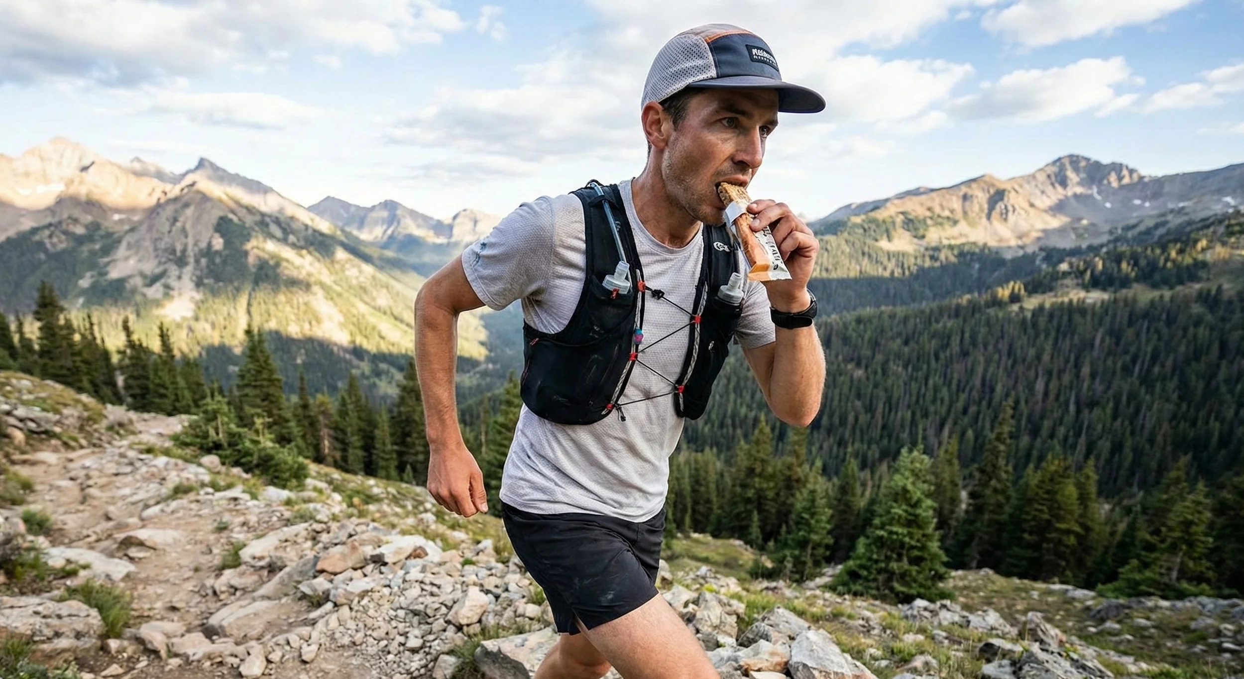 Mesa de avituallamiento en un trail con variedad de frutas, frutos secos y comida real.