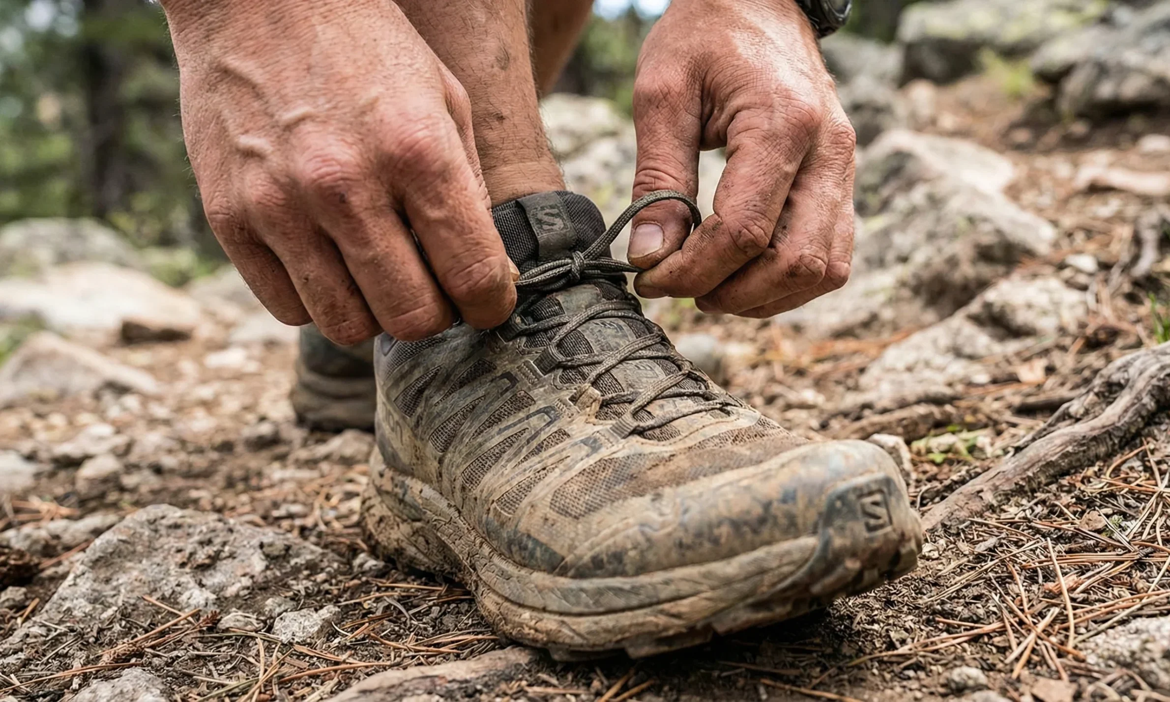 Detalle de un corredor atándose los cordones usando el último ojal para asegurar el tobillo.
